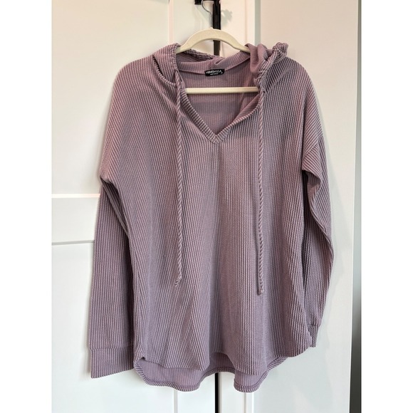 Heimish USA Womens Waffle Knit Hoodie V Neck Long Sleeve Lavender Casual Top - Picture 2 of 5